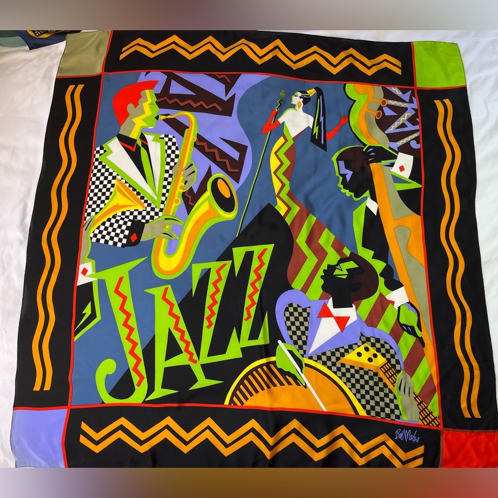 Bob Mackie Wearable Art Vtg Silk Scarf 42” Jazz pop art Multi Color